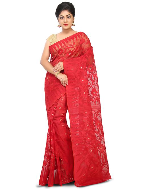 women red self design jamdani saree with blouse - 20614268 - Standard Image - 0