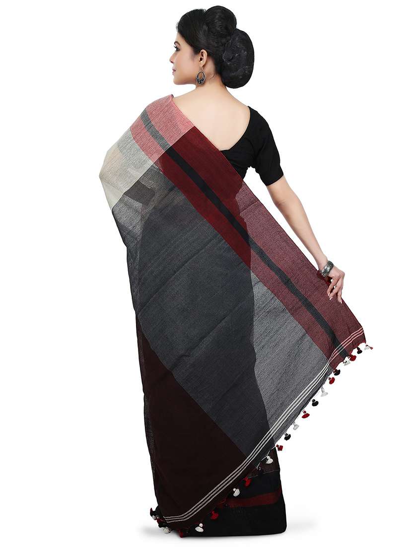 women beige & black solid handloom saree with blouse - 20614278 - Standard Image - 1