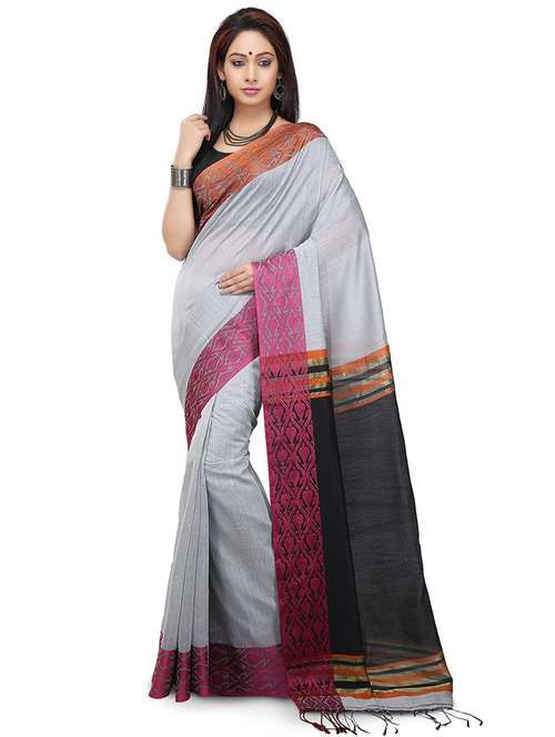 women grey & black solid handloom saree with blouse - 20614279 - Standard Image - 0