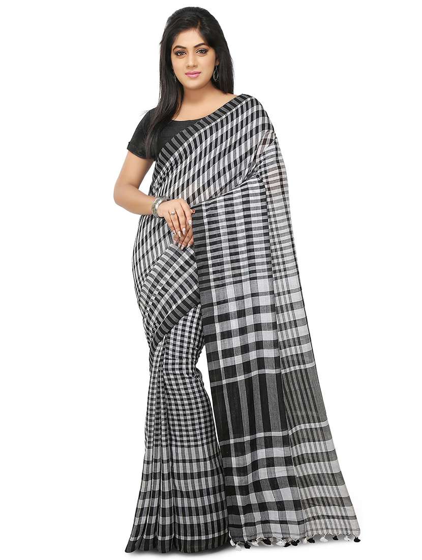 women black & white checks  handloom saree with blouse