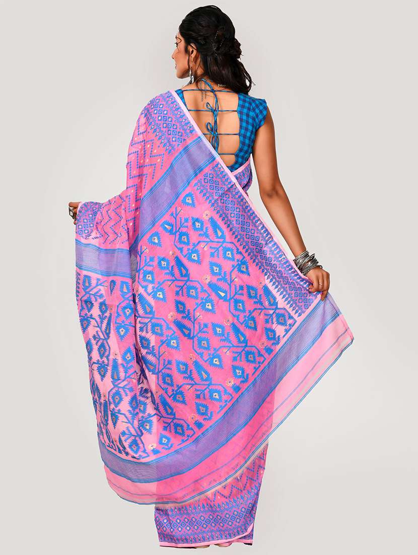 women pink & blue self design jamdani saree with blouse - 20614308 -  Standard Image - 1