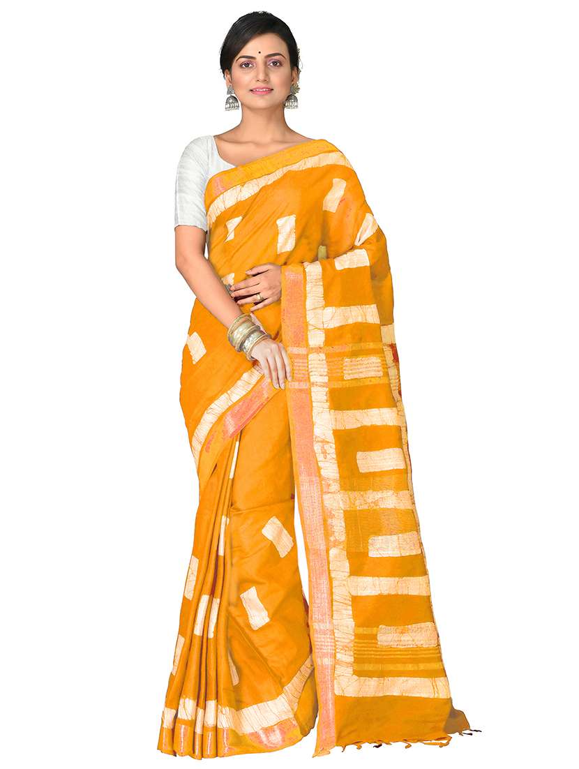 orange printed handloom saree with blouse