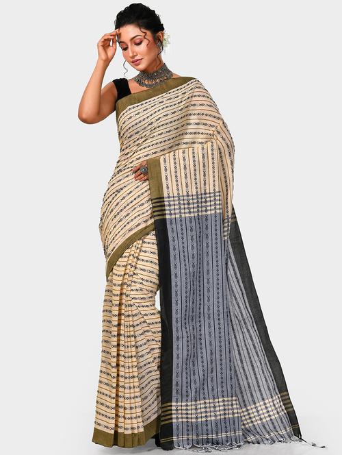 beige self design handloom saree with blouse - 20614320 - Standard Image - 0