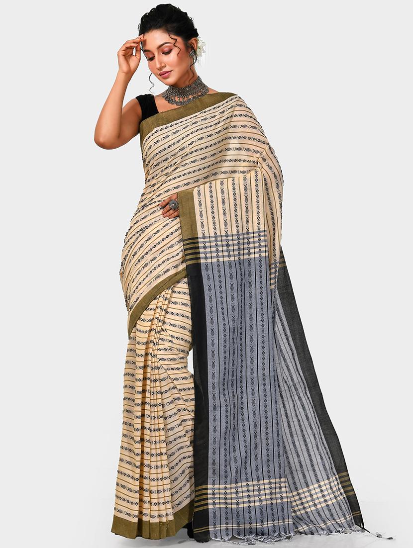 beige self design handloom saree with blouse - 20614320 - Zoom Image - 0