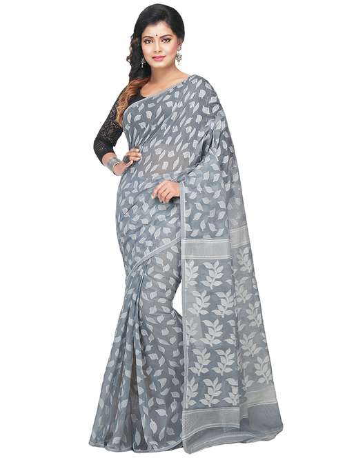 women grey self design jamdani saree with blouse - 20614339 - Standard Image - 0