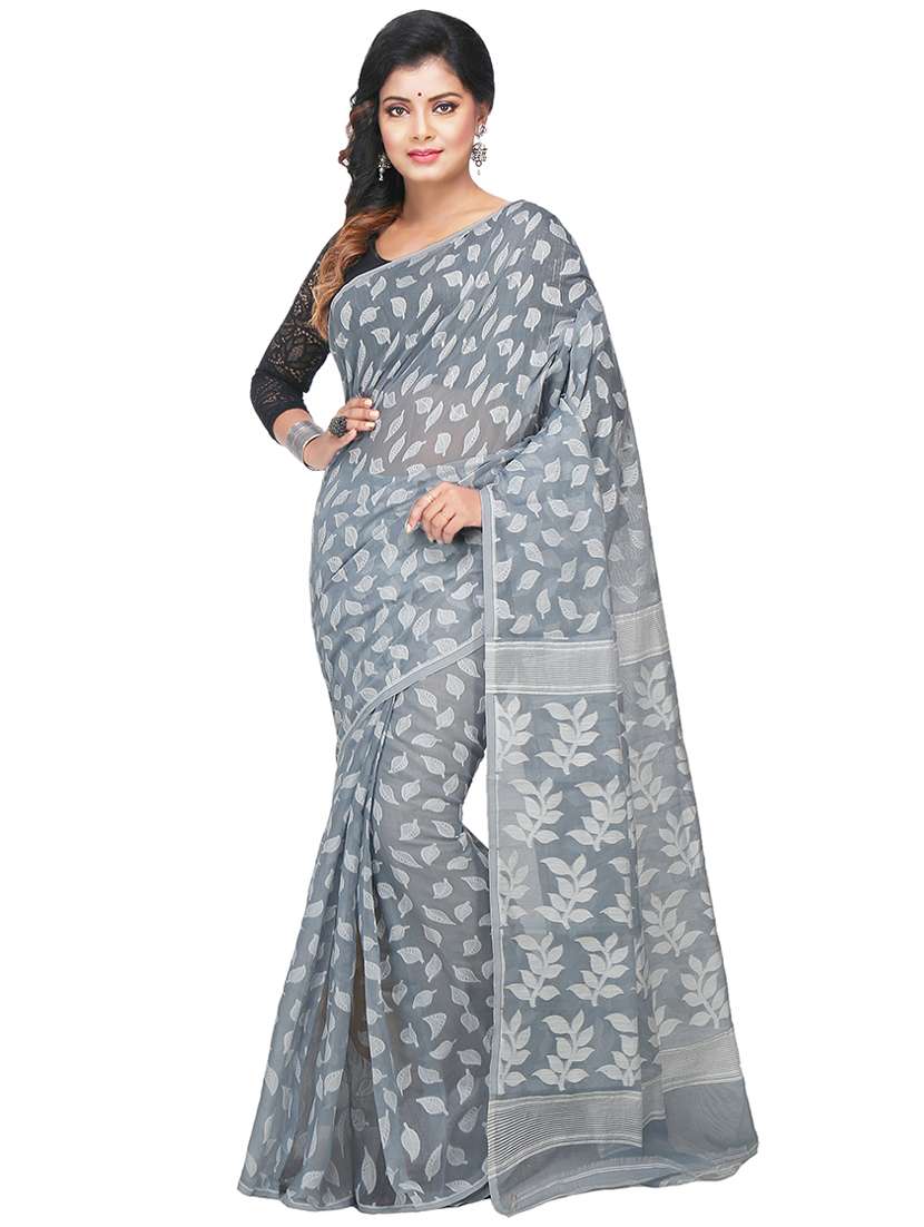 women grey self design jamdani saree with blouse - 20614339 - Zoom Image - 0