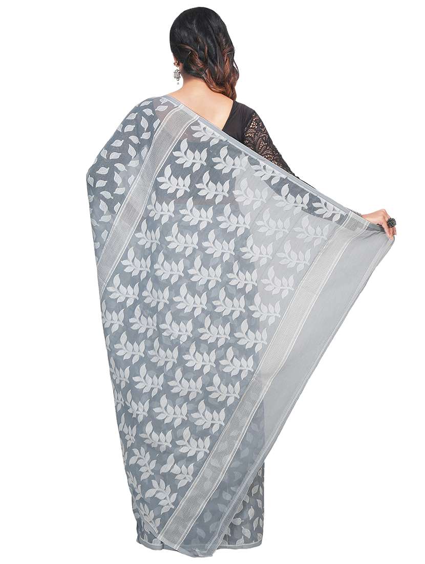 women grey self design jamdani saree with blouse - 20614339 -  Standard Image - 1