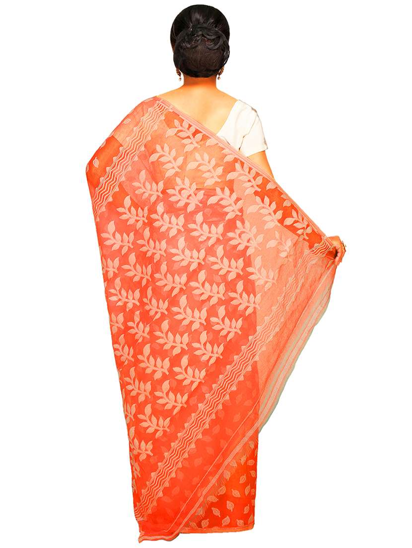 women orange self design jamdani saree with blouse - 20614341 -  Standard Image - 1