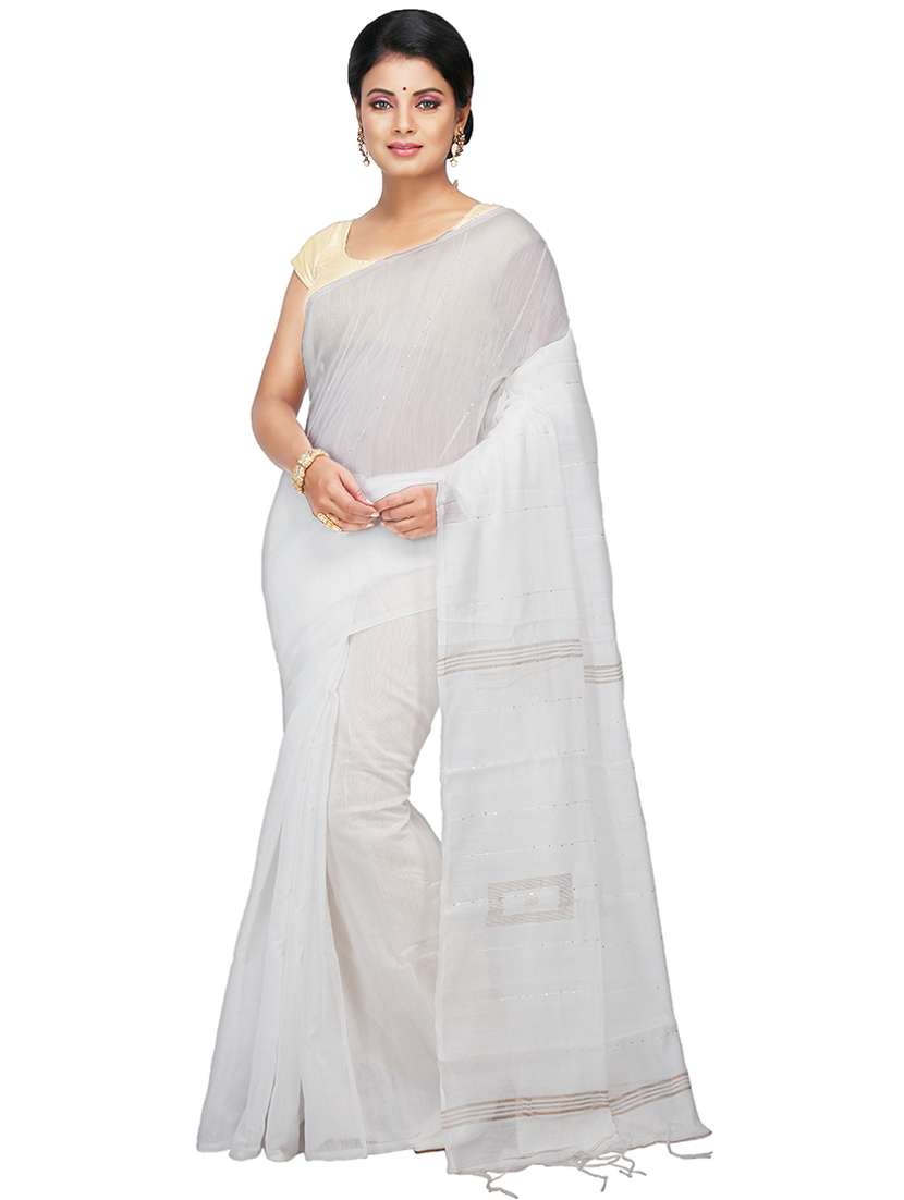 women white sequin work handloom saree with blouse