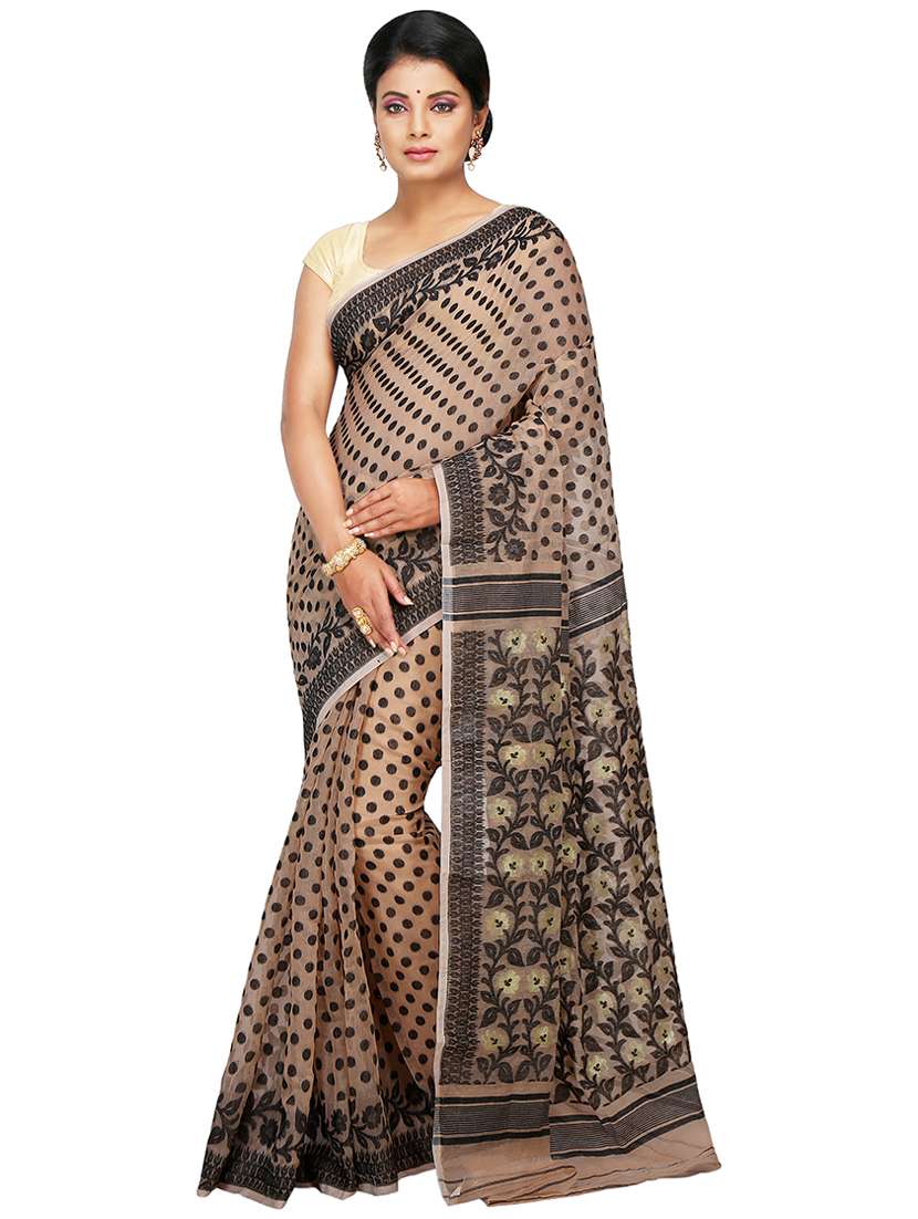women beige self design jamdani saree with blouse
