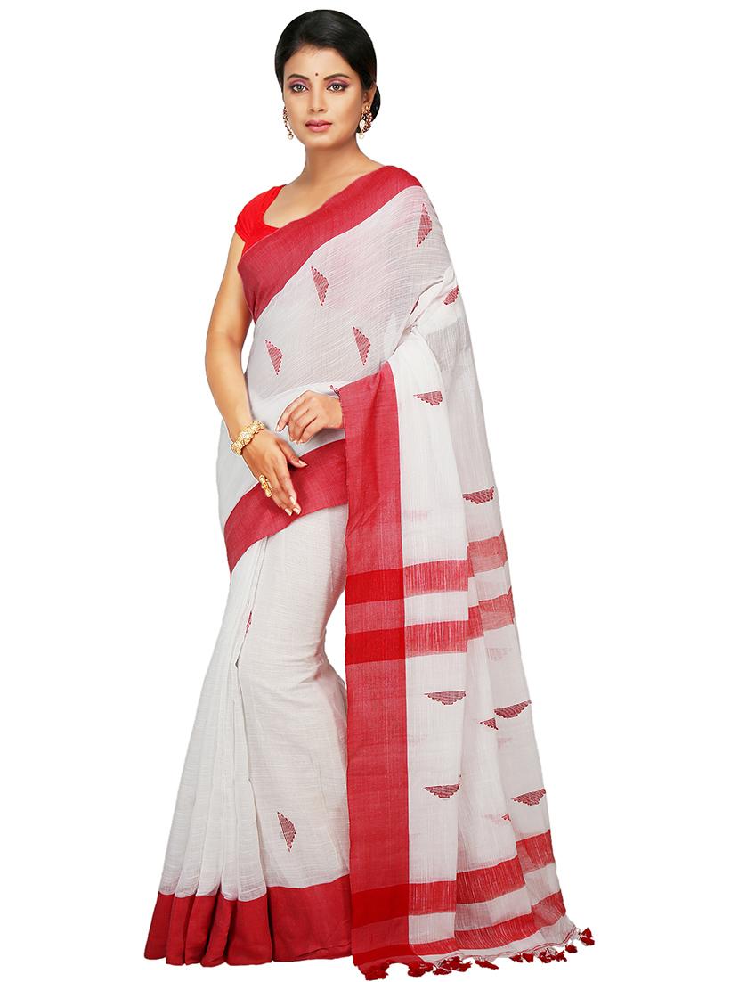women white self design handloom saree with blouse - 20614350 - Zoom Image - 0