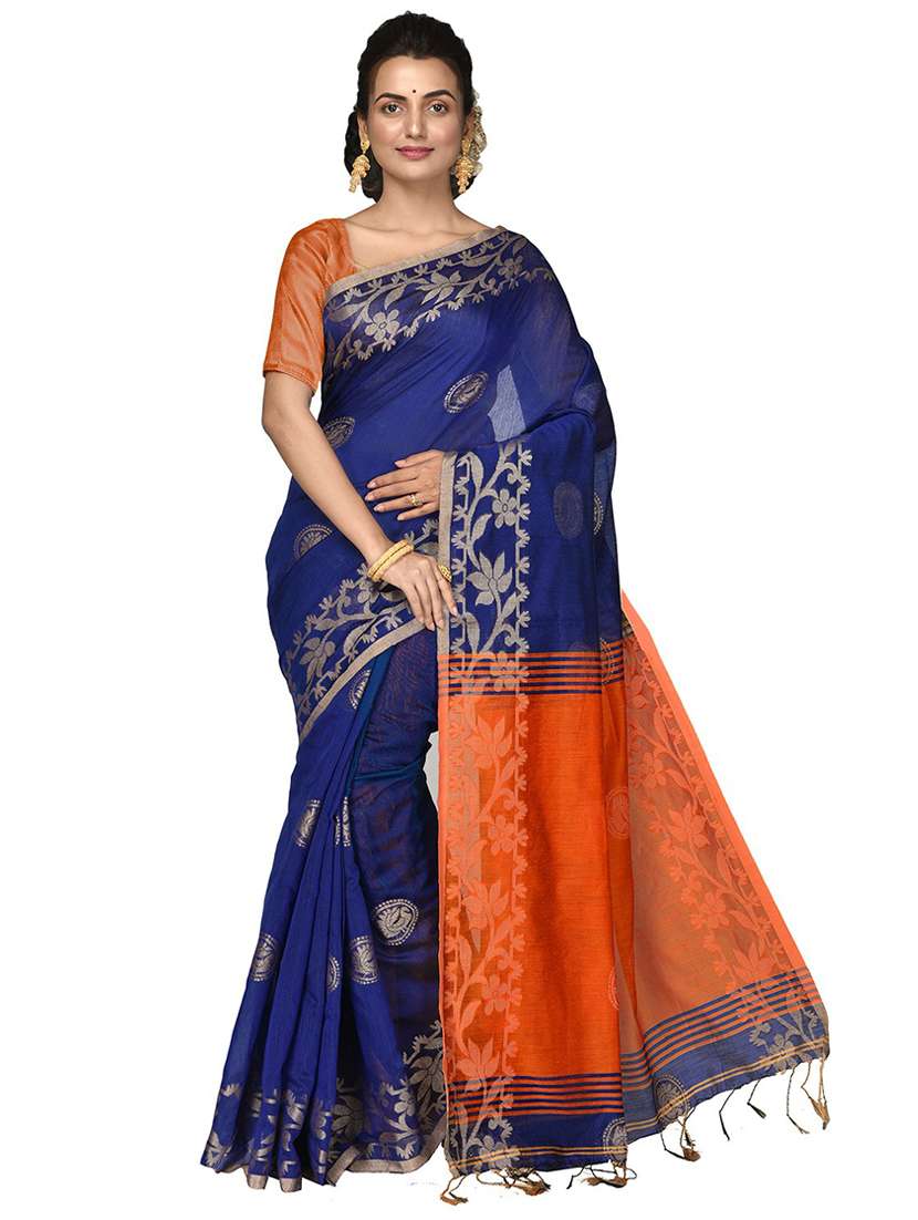 women blue self design handloom saree with blouse - 20614358 -  Zoom Image - 0