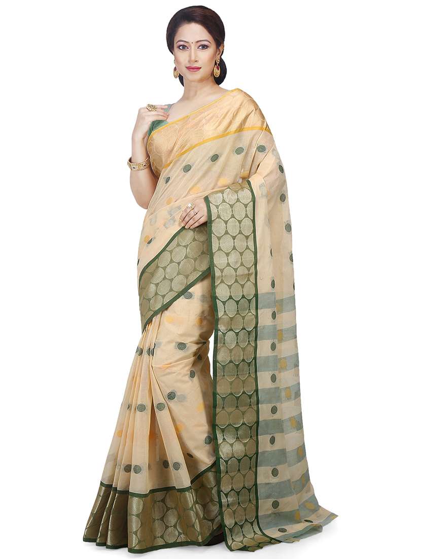 women beige self design tant saree with blouse