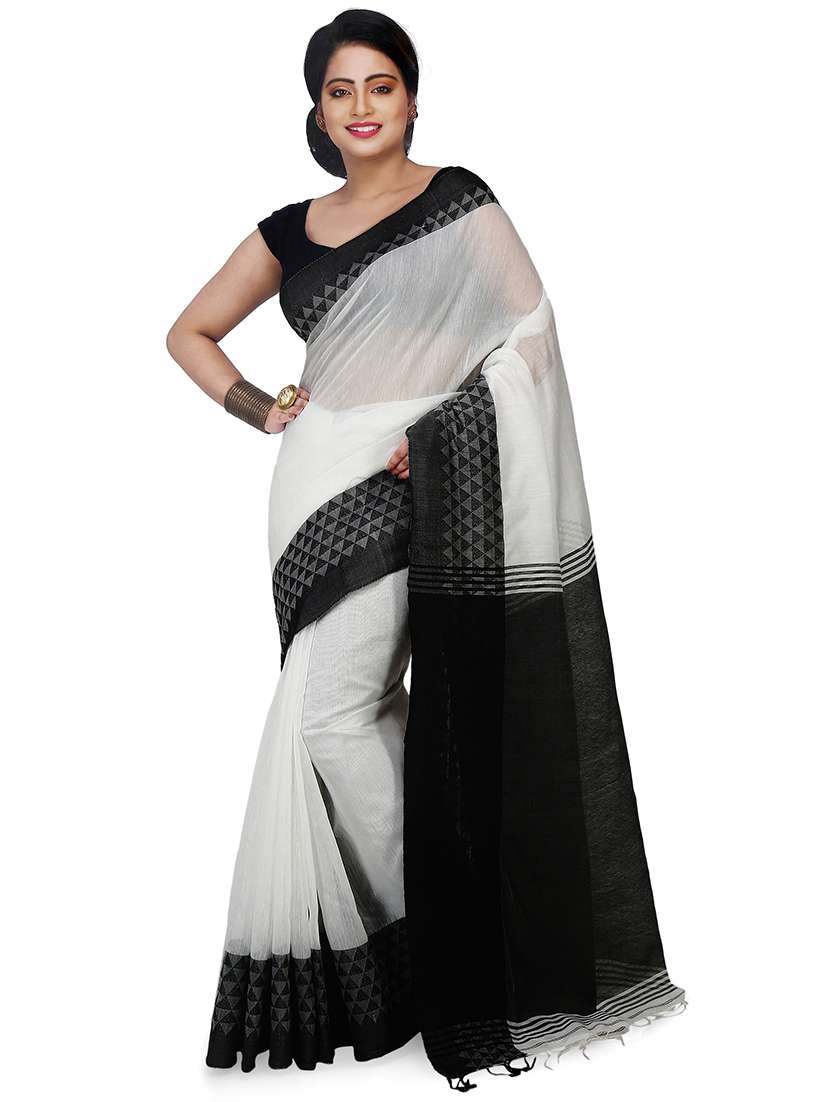 women white solid bordered saree with blouse