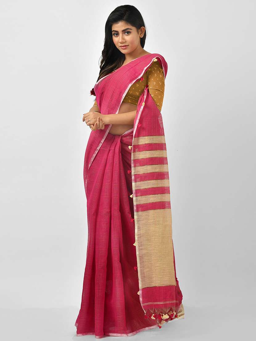 women pink solid handloom saree with blouse