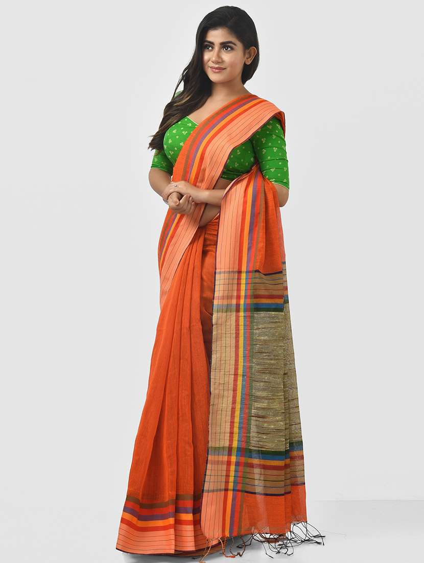 orange self design handloom saree with blouse