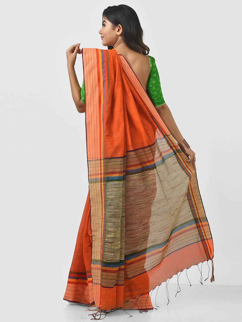 orange self design handloom saree with blouse - 20614384 - Standard Image - 1