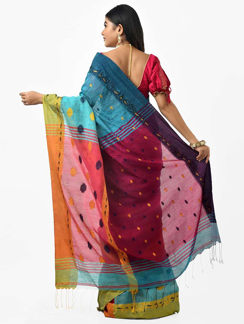 women blue self design handloom saree with blouse - 20614395 -  Standard Image - 1