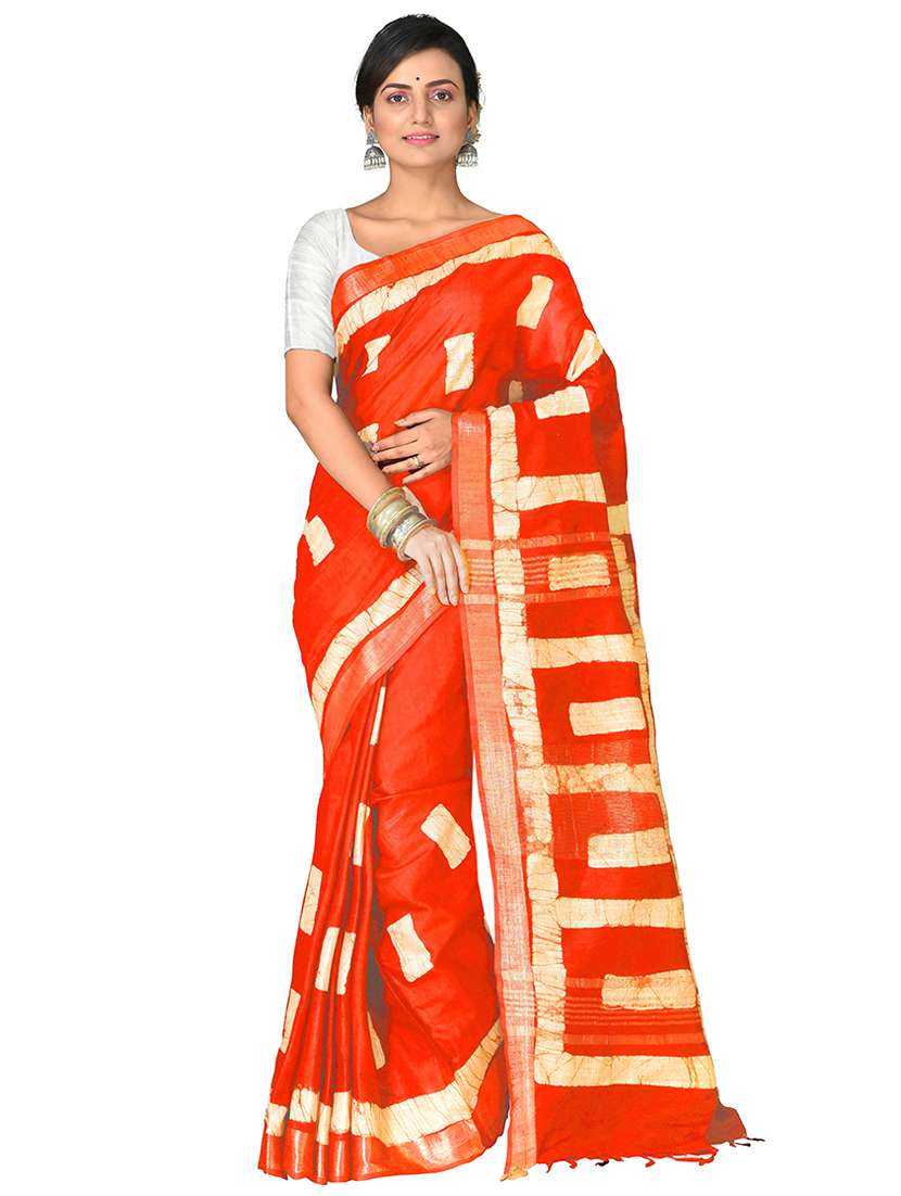 women orange batik printed saree with blouse