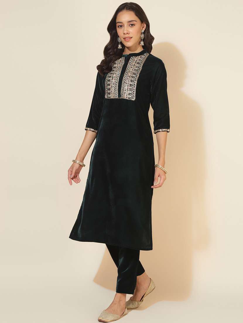 women bottle green mandarin neck kurta pant set with dupatta - 20614940 - Standard Image - 1