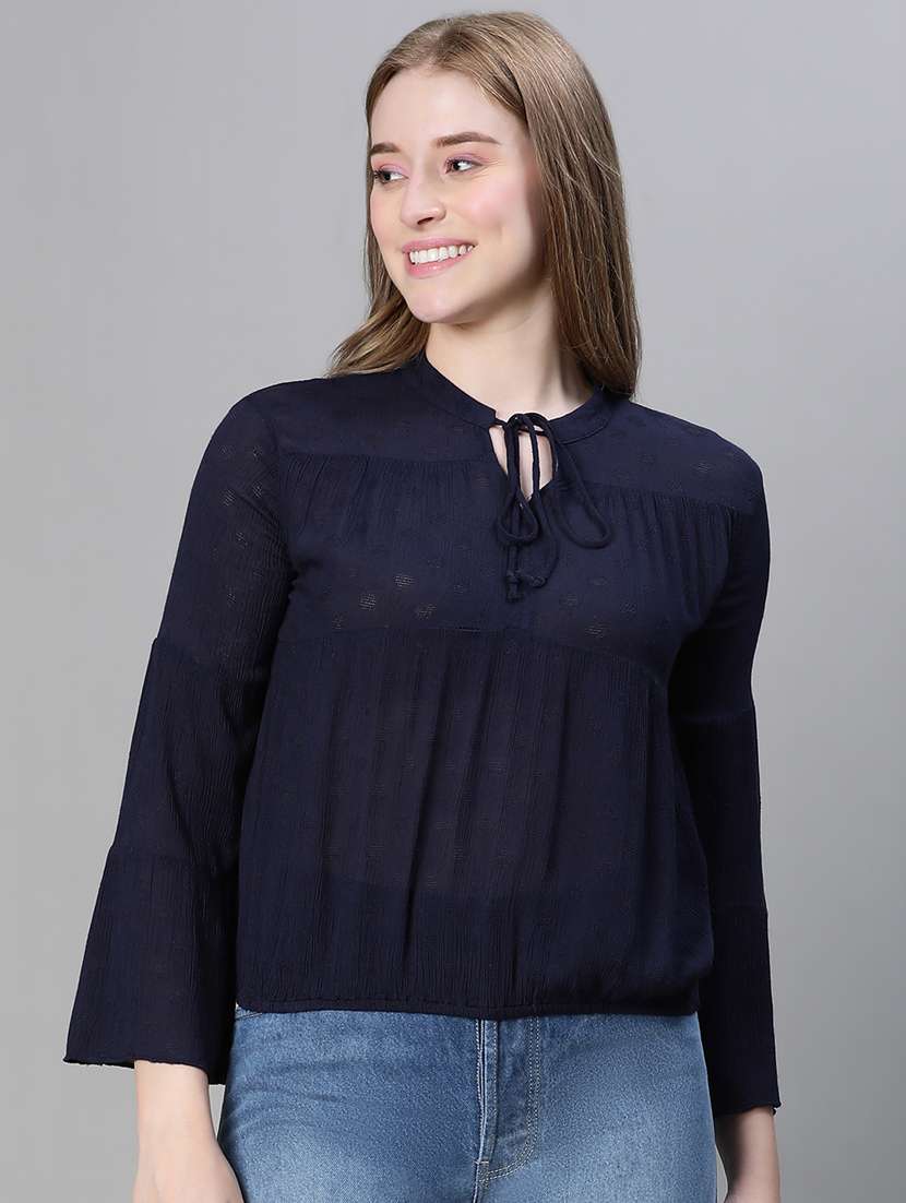women solid tie up neck a-line top