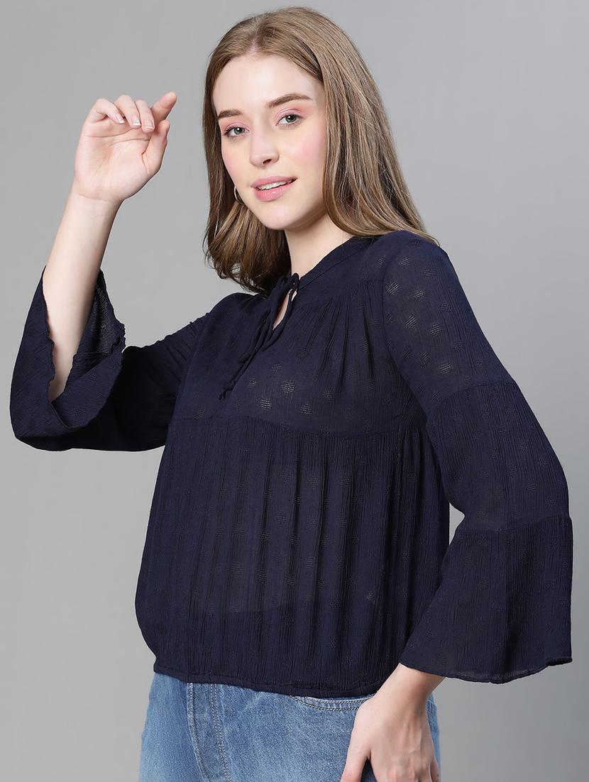 women solid tie up neck a-line top - 20615191 -  Standard Image - 1