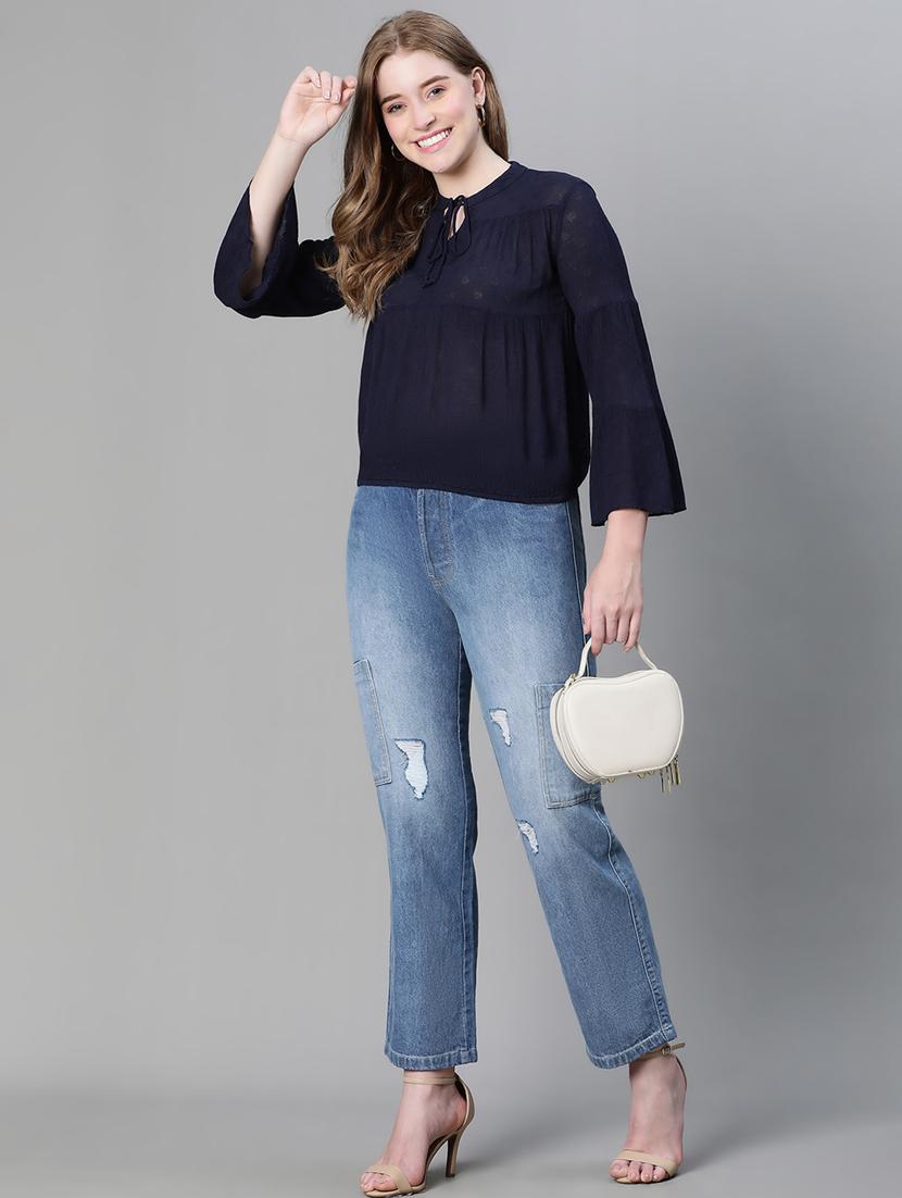women solid tie up neck a-line top - 20615191 - Standard Image - 4