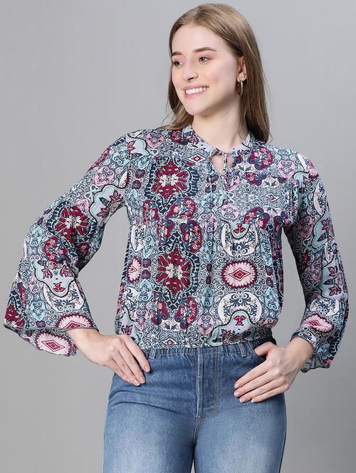 women printed tie up neck blouson top - 20615192 - Standard Image - 0