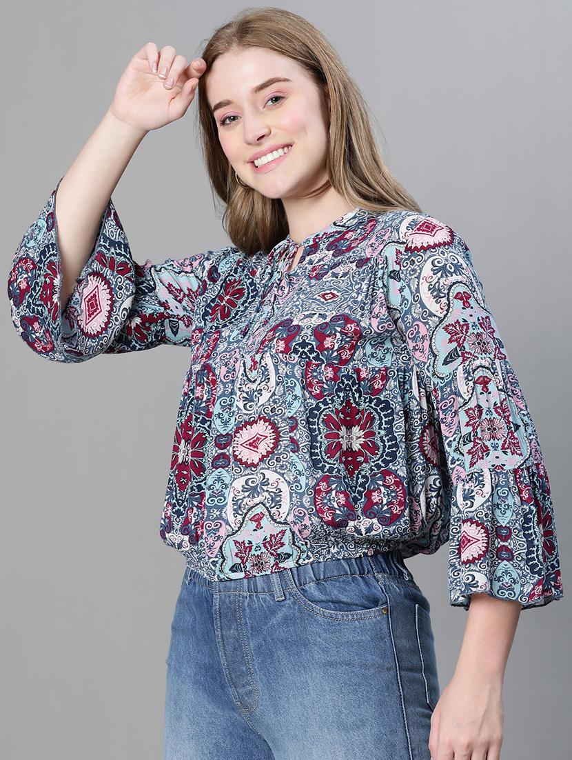 women printed tie up neck blouson top - 20615192 - Standard Image - 1