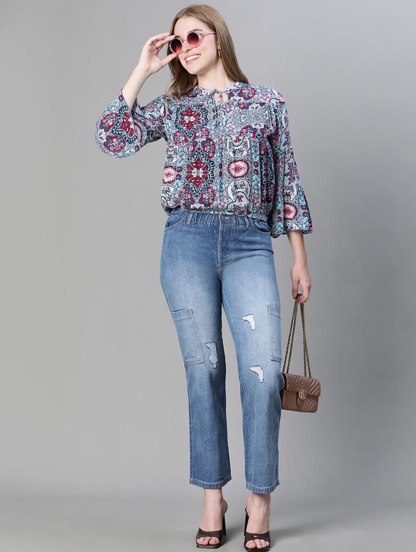 women printed tie up neck blouson top - 20615192 - Standard Image - 4