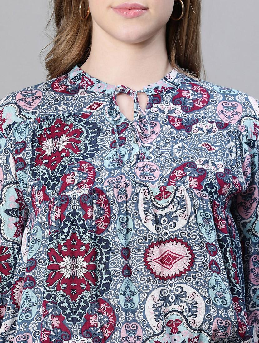 women printed tie up neck blouson top - 20615192 - Standard Image - 6