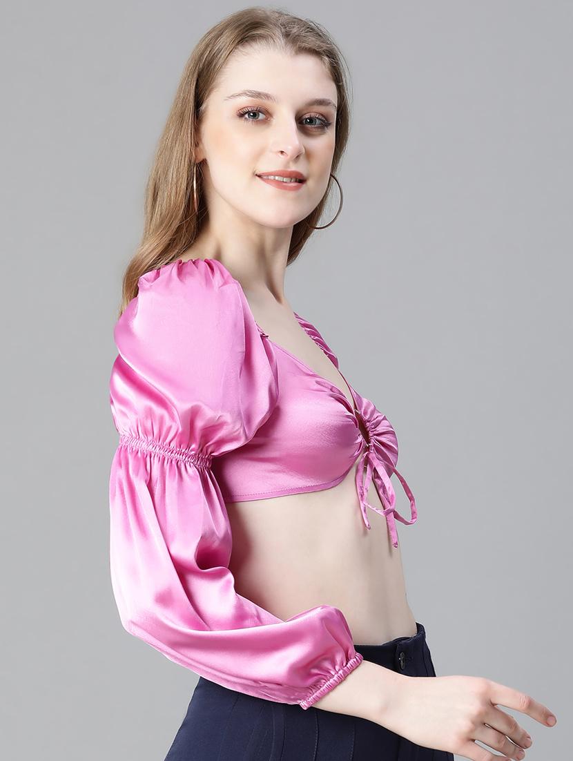 women solid smocked crop top - 20615210 - Standard Image - 1