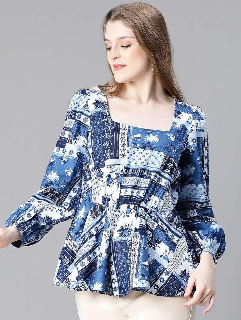 women printed puff sleeves peplum top - 20615217 -  Standard Image - 1