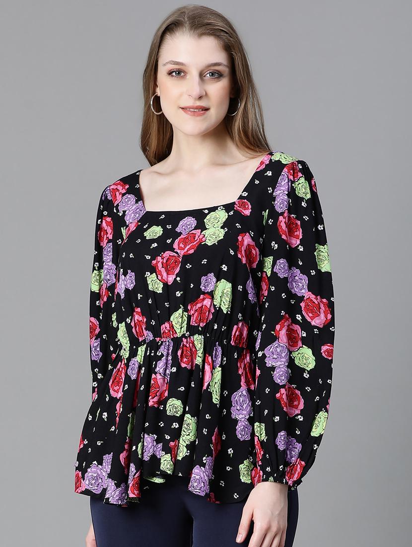 women floral print puff sleeves peplum top - 20615218 - Zoom Image - 0