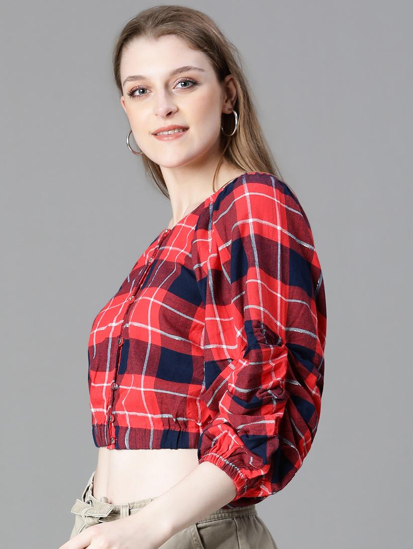 women red checkered blouson top - 20615219 -  Standard Image - 1