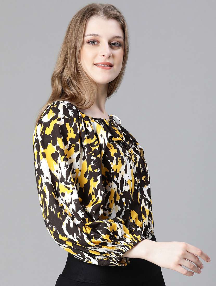 women printed tie up neck blouson top - 20615220 -  Standard Image - 1