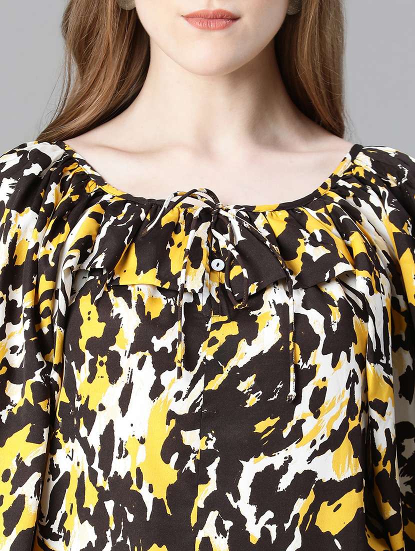 women printed tie up neck blouson top - 20615220 - Standard Image - 6