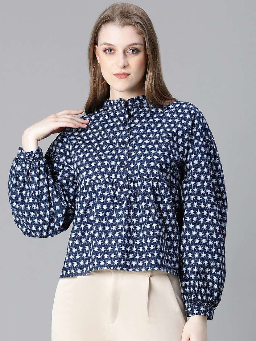 women printed mandarin neck high low top