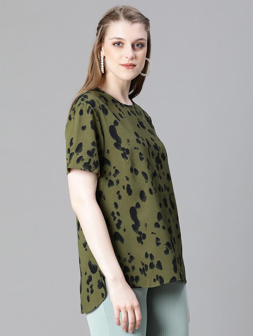 women round neck green printed regular top - 20615236 -  Standard Image - 1