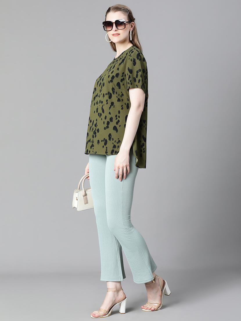 women round neck green printed regular top - 20615236 - Standard Image - 4