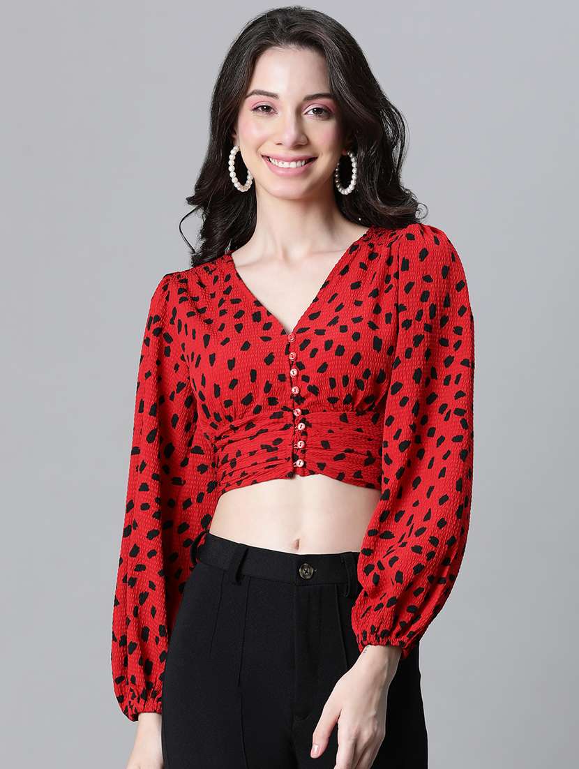 women animal print bishop sleeves top