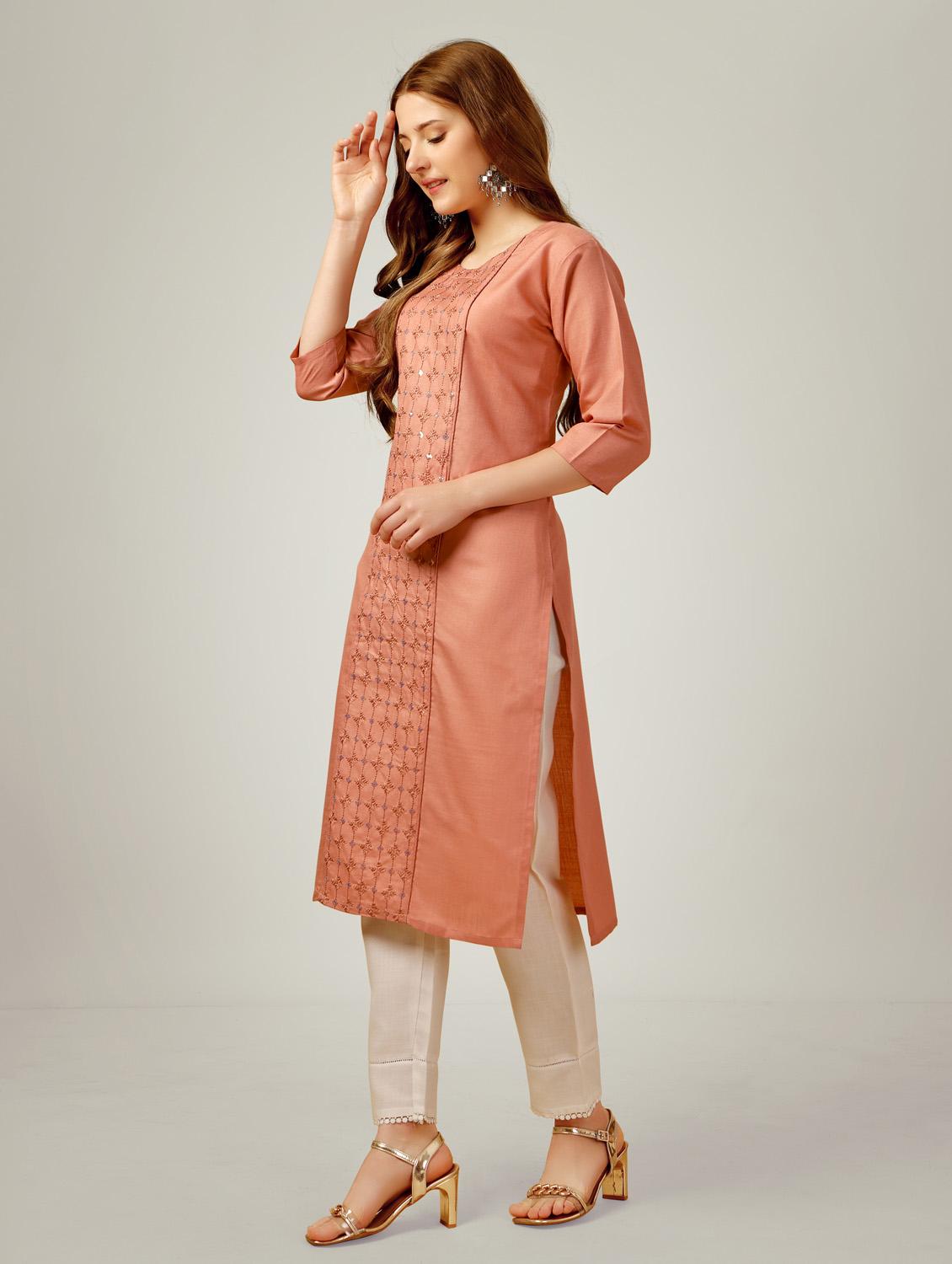 peach three quarter sleeve kurta pant set - 20615253 -  Standard Image - 1