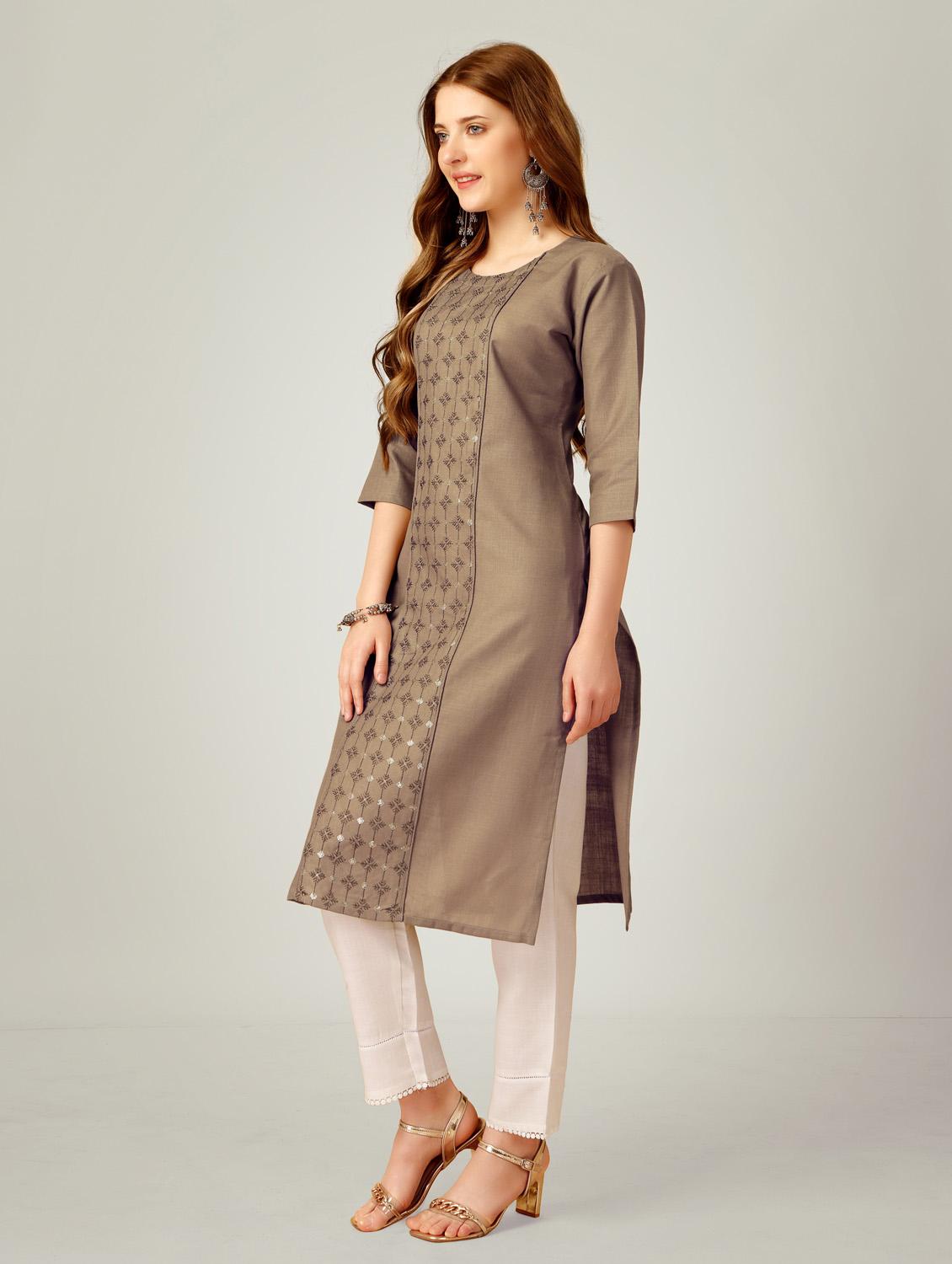 women khaki round neck kurta pant set - 20615254 - Standard Image - 1