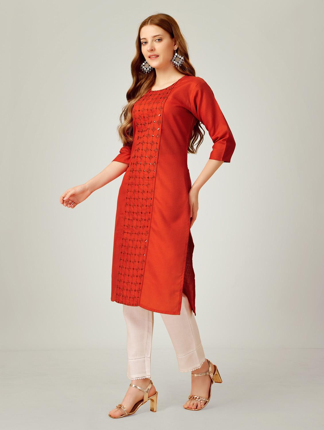women red round neck kurta pant set - 20615256 - Standard Image - 1