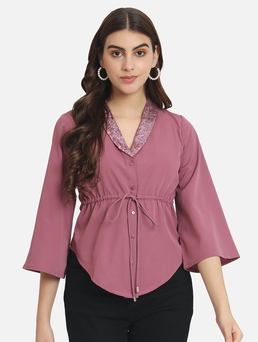 women sequined neck button detailed top - 20615793 - Zoom Image - 0