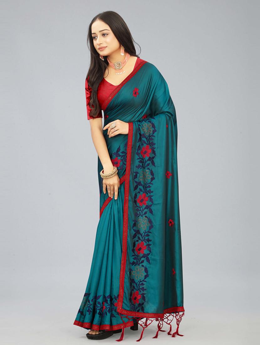 women teal embroidered saree with blouse - 20620517 - Standard Image - 1