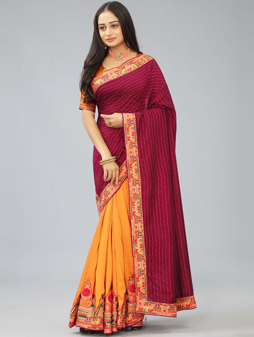 women orange & maroon embroidered saree with blouse - 20620532 - Standard Image - 1