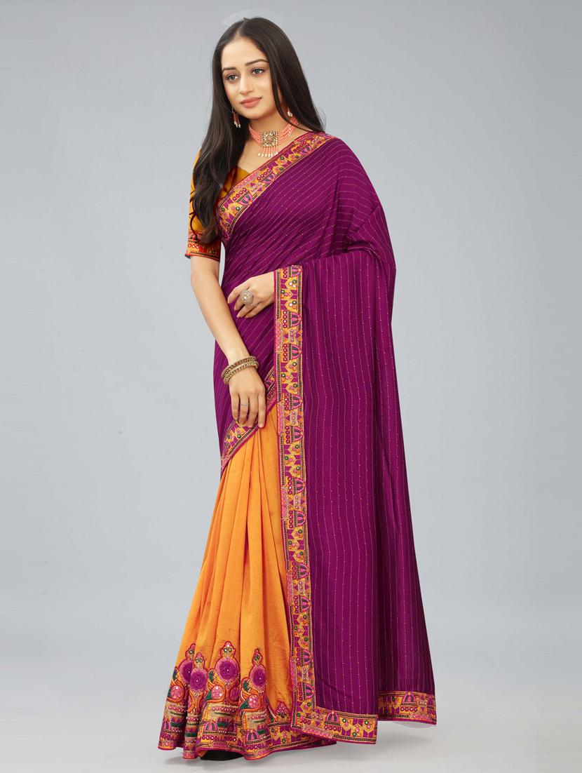purple & mustard half & half saree with blouse - 20620533 - Standard Image - 1