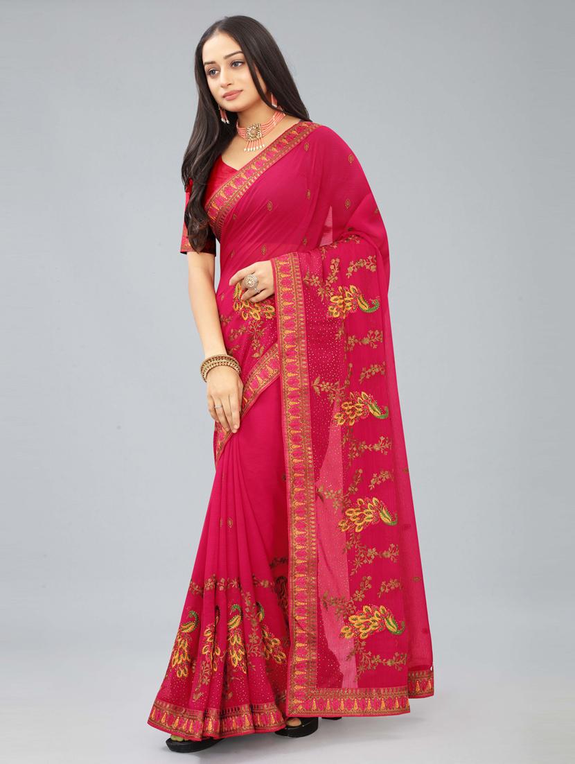 women pink embroidered saree with blouse - 20620537 - Standard Image - 1