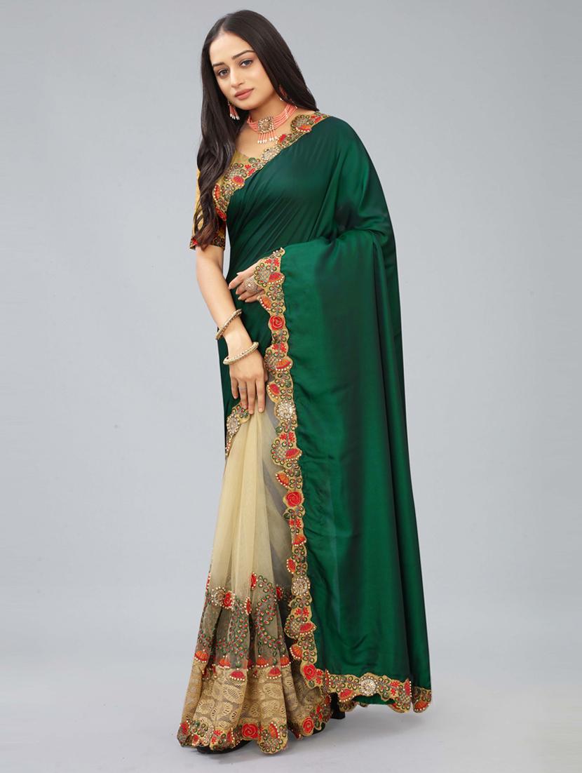 women green embroidered lace work saree with blouse - 20620546 - Standard Image - 1